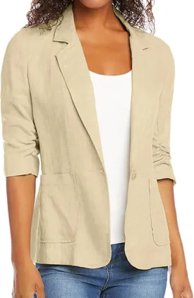 2024 Womens Linen Blazers Cotton 3/4 Sleeve Jacket Lightweight Casual Fashion Office Suits Blazer with Pocket