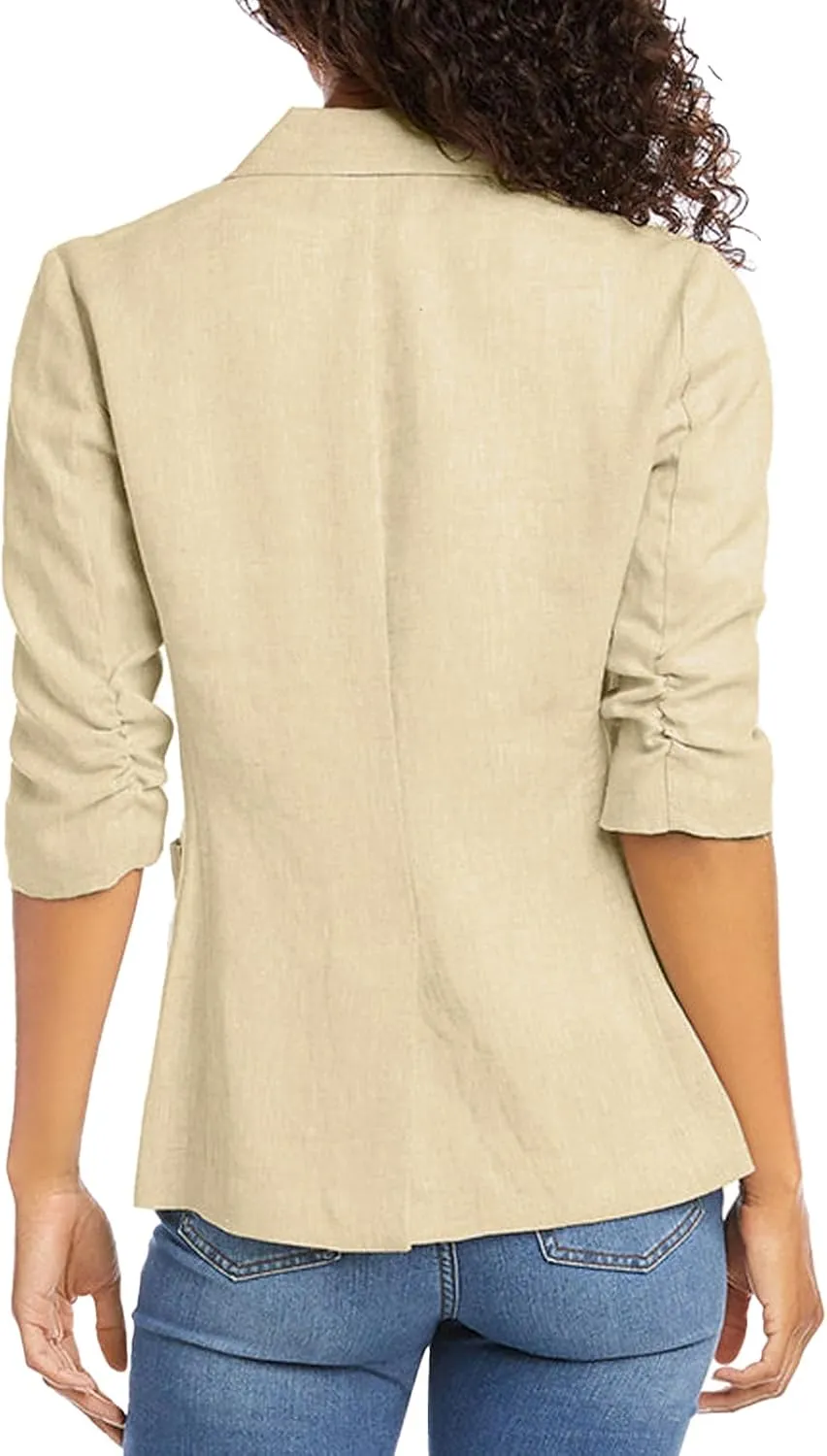 2024 Womens Linen Blazers Cotton 3/4 Sleeve Jacket Lightweight Casual Fashion Office Suits Blazer with Pocket