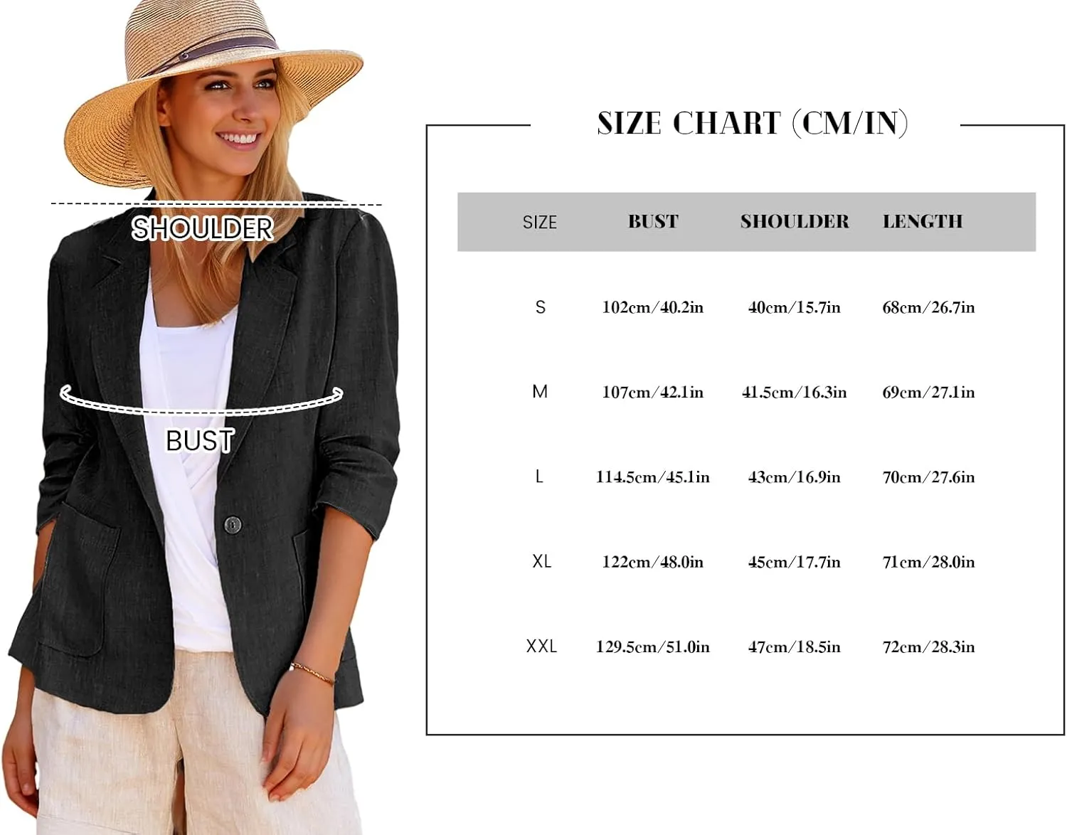 2024 Womens Linen Blazers Cotton 3/4 Sleeve Jacket Lightweight Casual Fashion Office Suits Blazer with Pocket