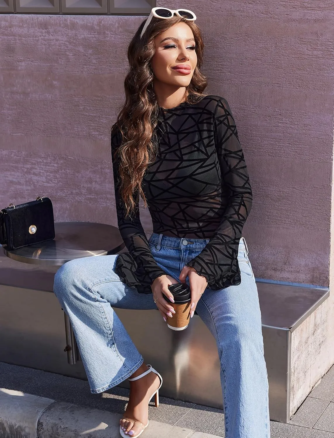 Avidlove Mesh Tops for Women Long Bell Sleeve Blouses Sexy Going Out Shirt Sheer Summer Outfits 2025
