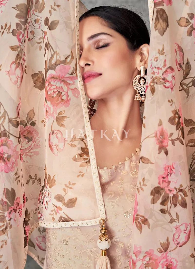 Beige Lucknowi Embroidered Designer Palazzo Suit