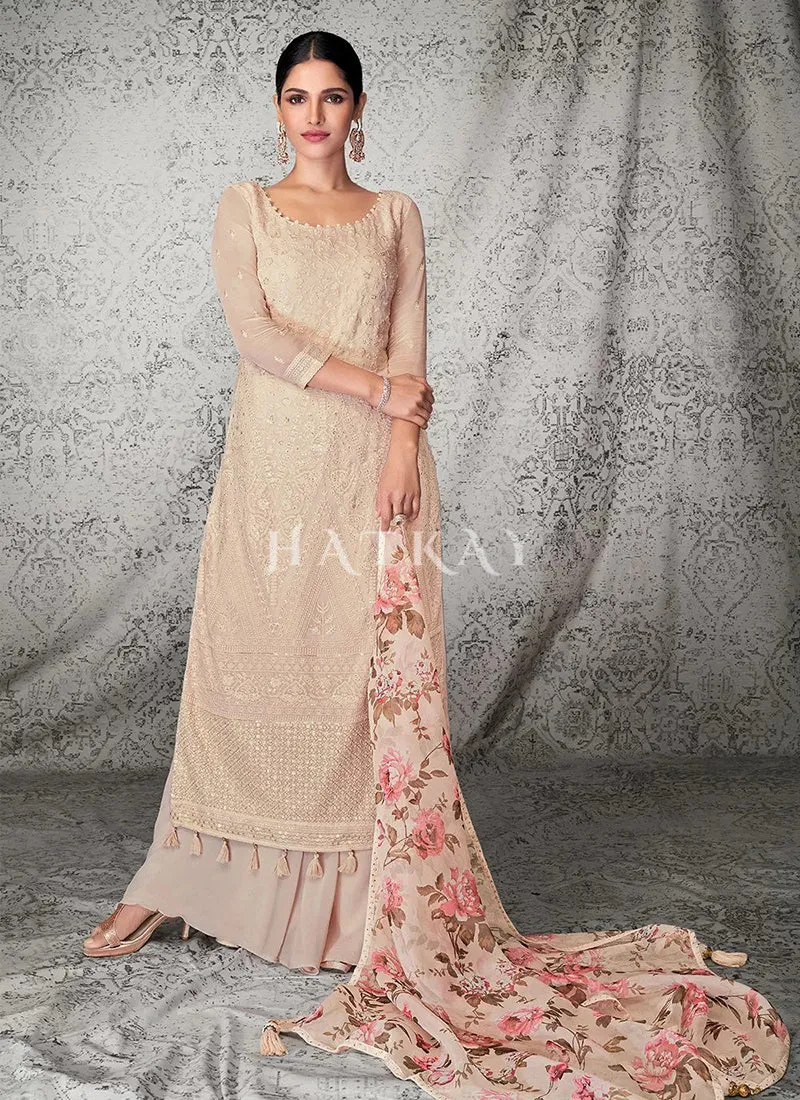 Beige Lucknowi Embroidered Designer Palazzo Suit