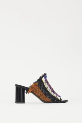 Black & Multicolour Woven Fringe Block Heel