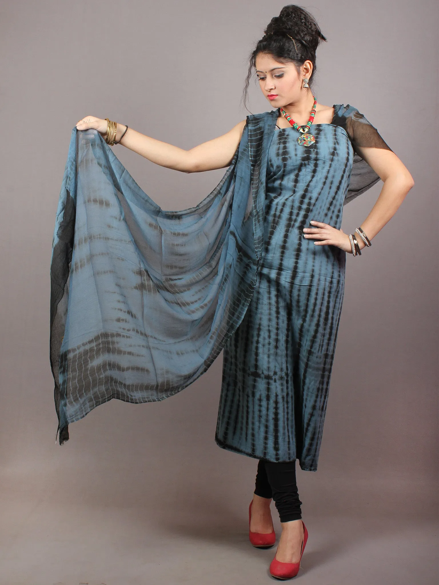 Black Grey Hand Block Printed Cotton Suit-Salwar Fabric With Chiffon Dupatta - S1628136