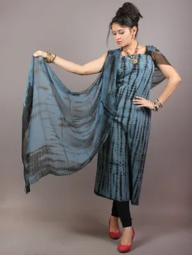 Black Grey Hand Block Printed Cotton Suit-Salwar Fabric With Chiffon Dupatta - S1628136