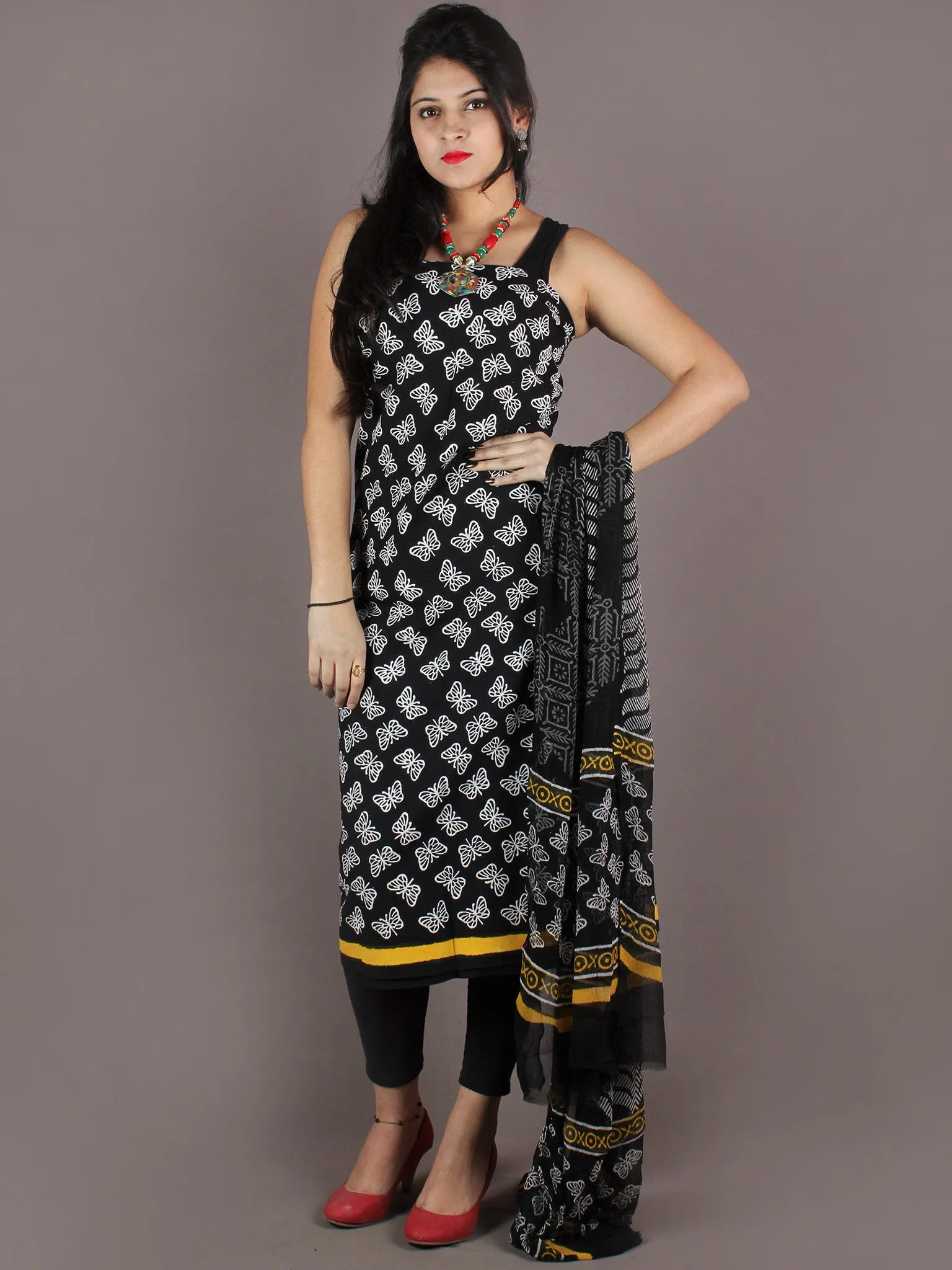Black White Yellow Hand Block Printed Cotton Suit-Salwar Fabric With Chiffon Dupatta - S1628153