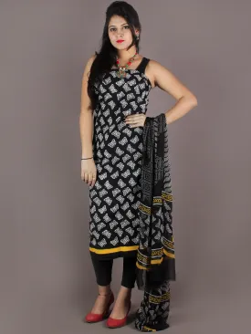 Black White Yellow Hand Block Printed Cotton Suit-Salwar Fabric With Chiffon Dupatta - S1628153