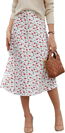 Bluetime Womens Satin Skirt Elastic High Waisted Silk Midi Skirts Dressy Casual A line Long Skirt