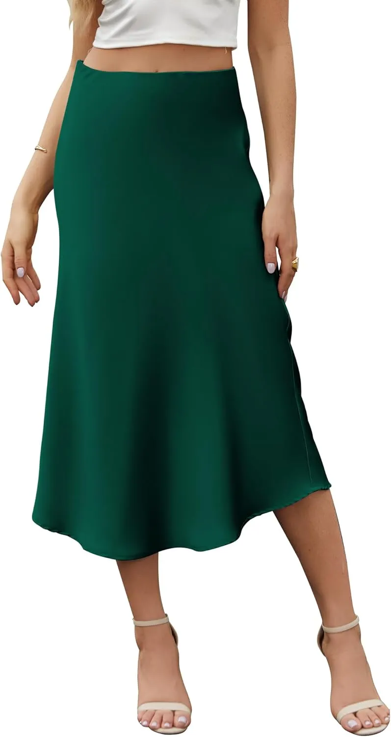 Bluetime Womens Satin Skirt Elastic High Waisted Silk Midi Skirts Dressy Casual A line Long Skirt