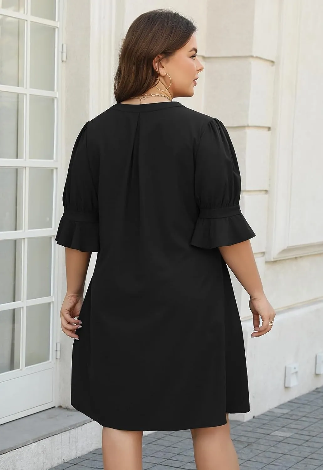 Celkuser Plus Size Summer Casual Shift Dress for Curvy Women V Neck Ruffled Sleeves Loose Shirt Dresses with Pockets 2025