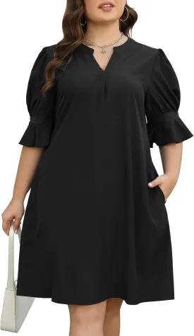 Celkuser Plus Size Summer Casual Shift Dress for Curvy Women V Neck Ruffled Sleeves Loose Shirt Dresses with Pockets 2025