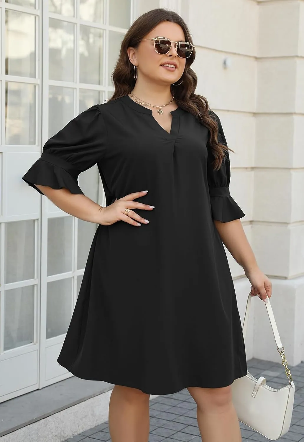 Celkuser Plus Size Summer Casual Shift Dress for Curvy Women V Neck Ruffled Sleeves Loose Shirt Dresses with Pockets 2025