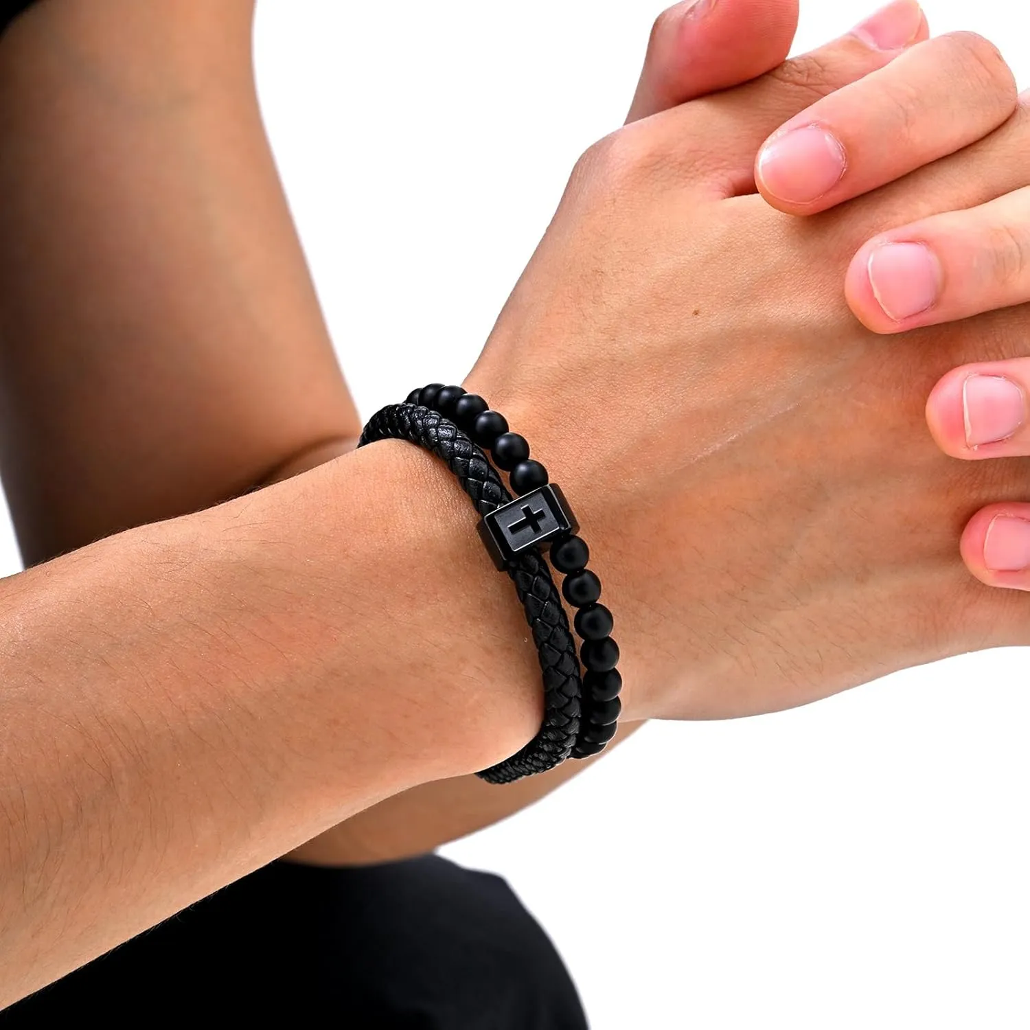 Christian Cross Black Leather Bracelet for Men, Double-Row Braided Leather Cross Bracelet Bible Verse Agate Onyx Beaded Bangle, Adjustable Wristband Faith Religious Christian Jewelry Gift for Men