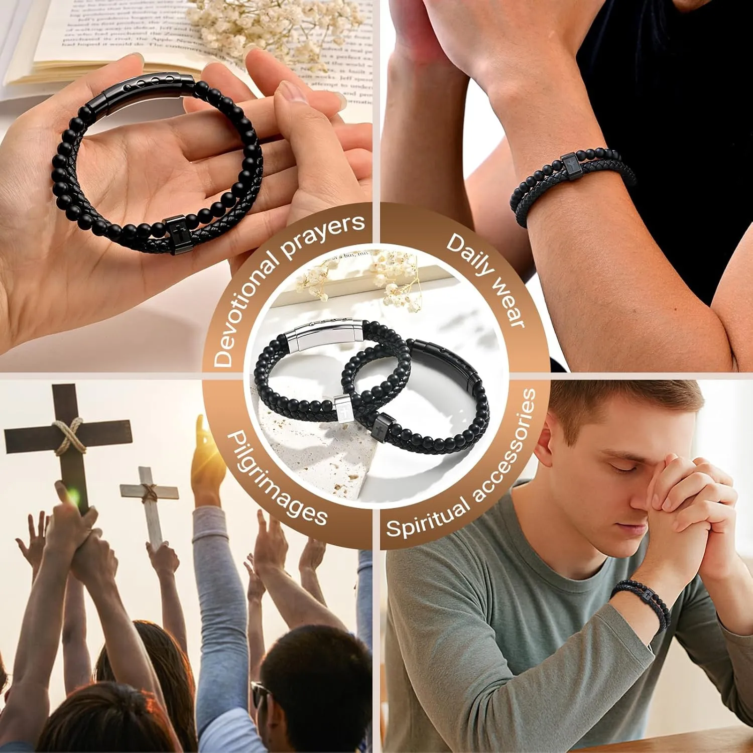 Christian Cross Black Leather Bracelet for Men, Double-Row Braided Leather Cross Bracelet Bible Verse Agate Onyx Beaded Bangle, Adjustable Wristband Faith Religious Christian Jewelry Gift for Men