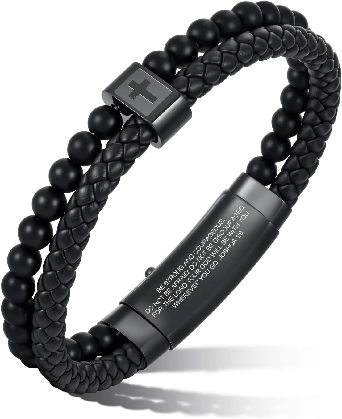 Christian Cross Black Leather Bracelet for Men, Double-Row Braided Leather Cross Bracelet Bible Verse Agate Onyx Beaded Bangle, Adjustable Wristband Faith Religious Christian Jewelry Gift for Men