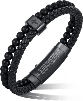 Christian Cross Black Leather Bracelet for Men, Double-Row Braided Leather Cross Bracelet Bible Verse Agate Onyx Beaded Bangle, Adjustable Wristband Faith Religious Christian Jewelry Gift for Men