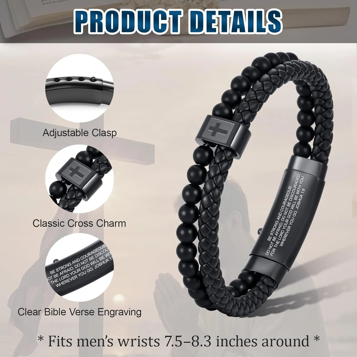 Christian Cross Black Leather Bracelet for Men, Double-Row Braided Leather Cross Bracelet Bible Verse Agate Onyx Beaded Bangle, Adjustable Wristband Faith Religious Christian Jewelry Gift for Men