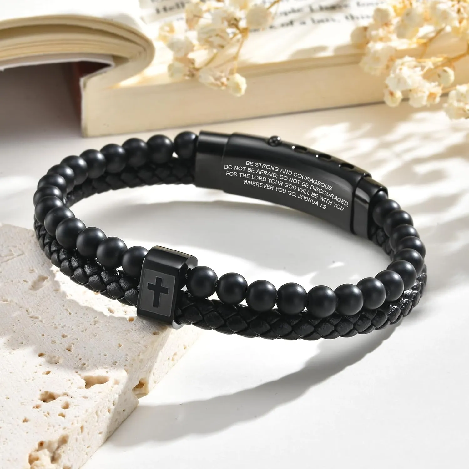 Christian Cross Black Leather Bracelet for Men, Double-Row Braided Leather Cross Bracelet Bible Verse Agate Onyx Beaded Bangle, Adjustable Wristband Faith Religious Christian Jewelry Gift for Men