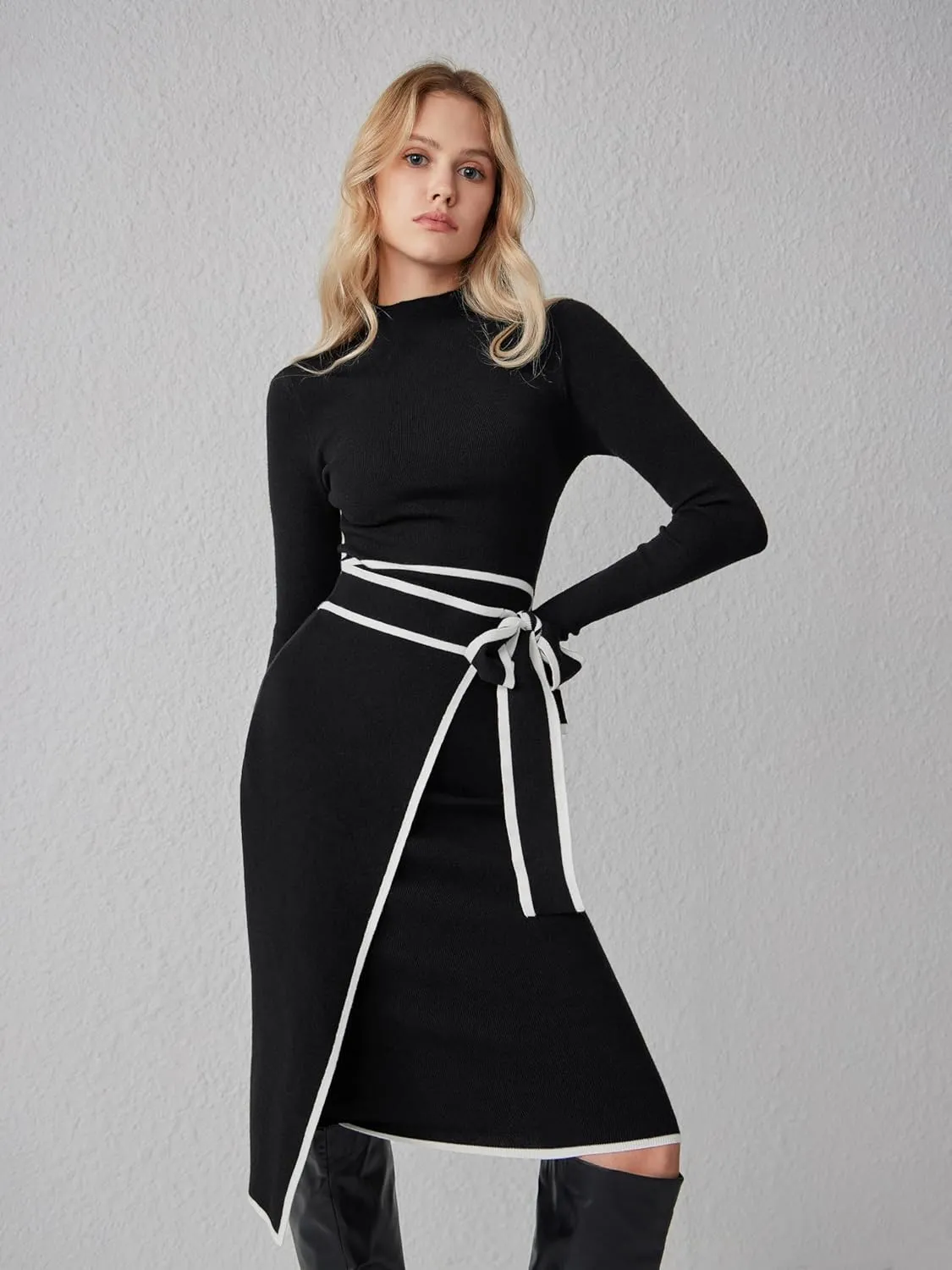 CIDER Sweater Dresses for Women Black Long Sleeve Dress Mock Turtle Neck Belted Bow Tie Knit Midi Dress for Fall Winter