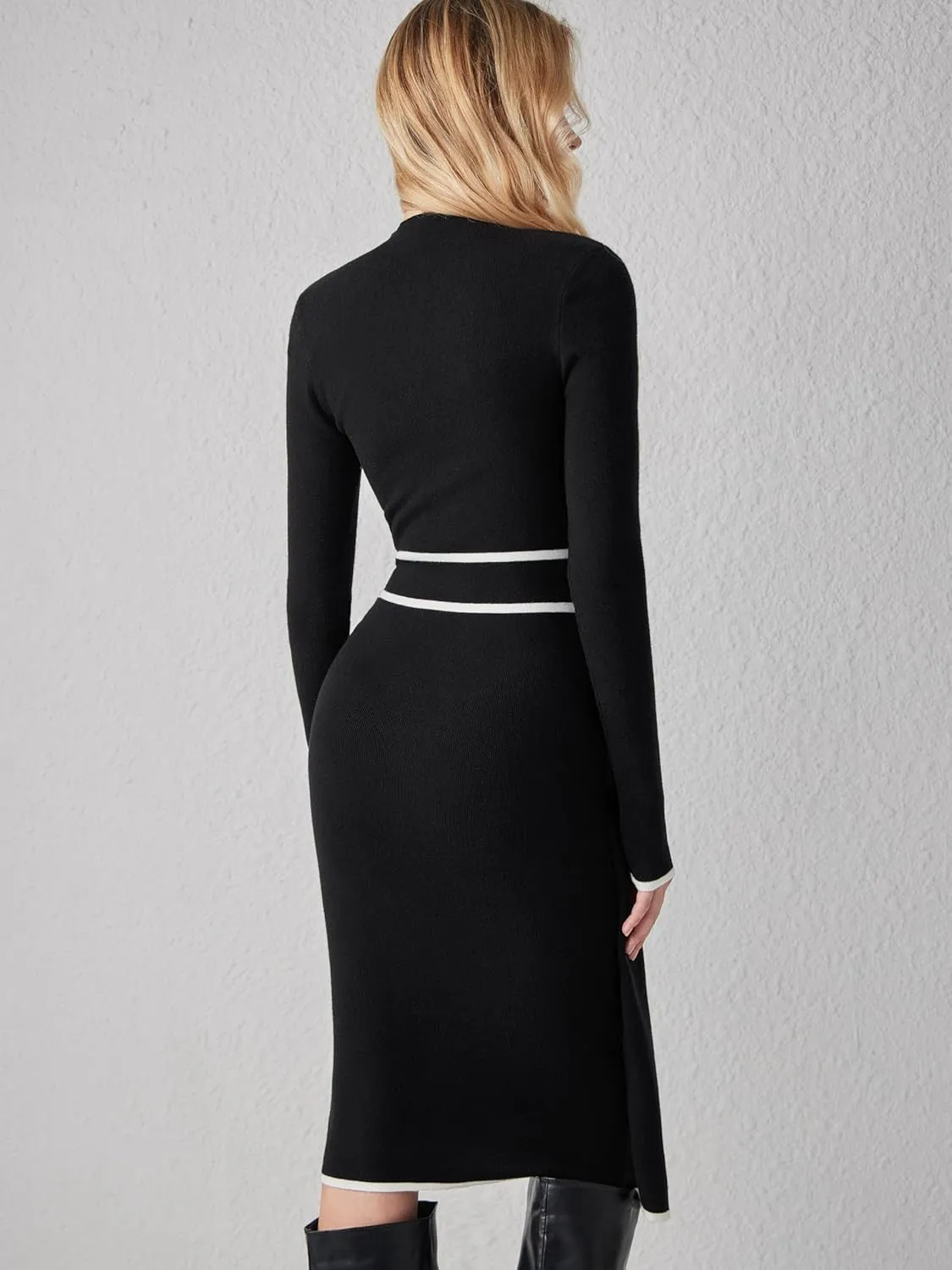 CIDER Sweater Dresses for Women Black Long Sleeve Dress Mock Turtle Neck Belted Bow Tie Knit Midi Dress for Fall Winter