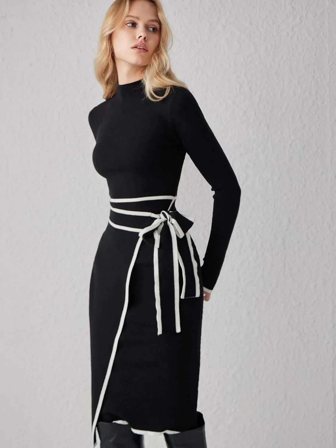 CIDER Sweater Dresses for Women Black Long Sleeve Dress Mock Turtle Neck Belted Bow Tie Knit Midi Dress for Fall Winter