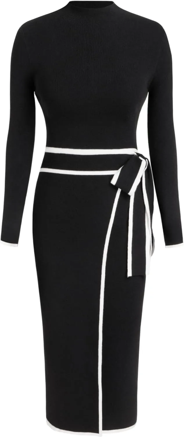 CIDER Sweater Dresses for Women Black Long Sleeve Dress Mock Turtle Neck Belted Bow Tie Knit Midi Dress for Fall Winter