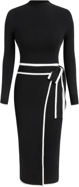 CIDER Sweater Dresses for Women Black Long Sleeve Dress Mock Turtle Neck Belted Bow Tie Knit Midi Dress for Fall Winter