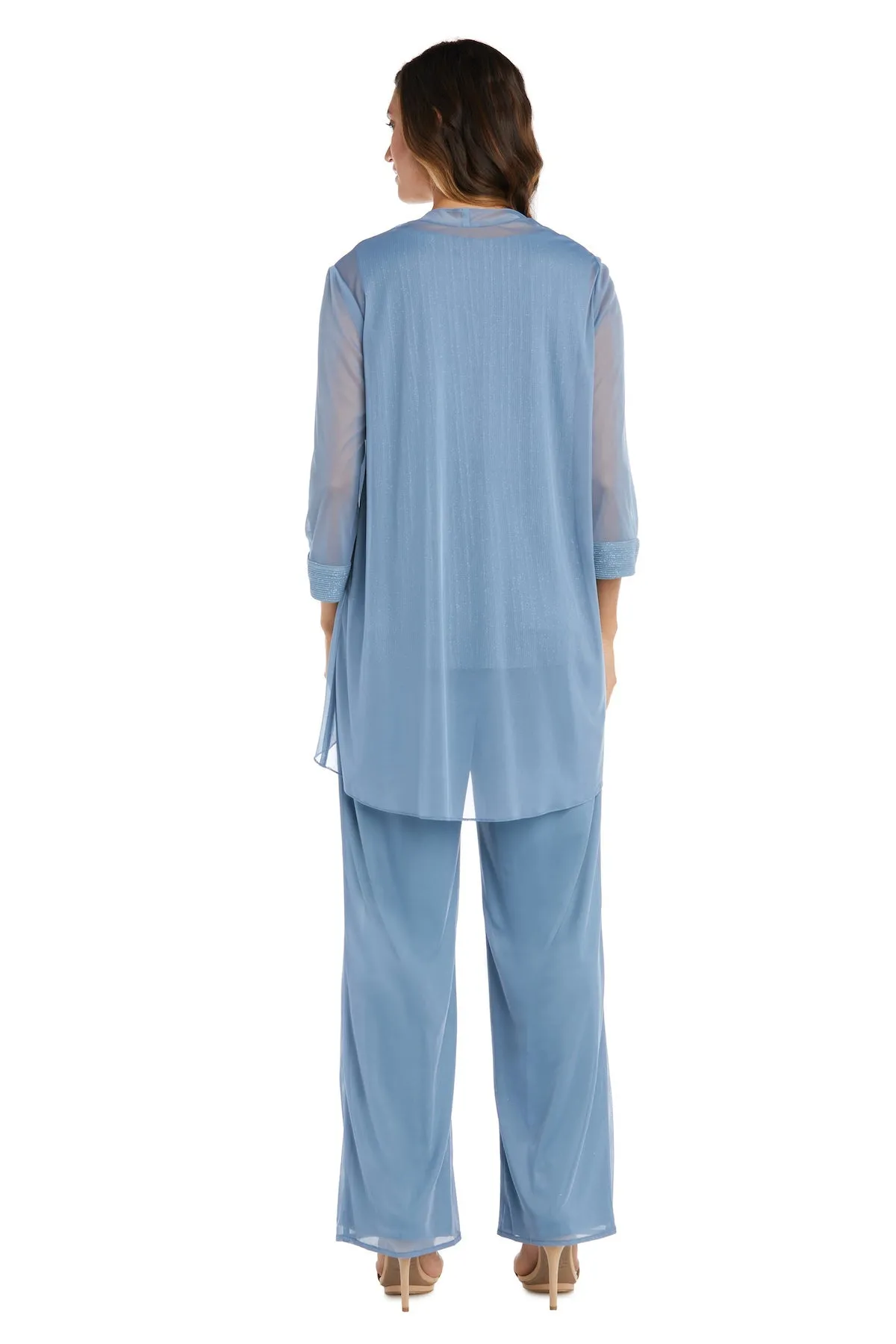 Crinkle Chiffon Three-Piece Pant Set with Beaded Neckline