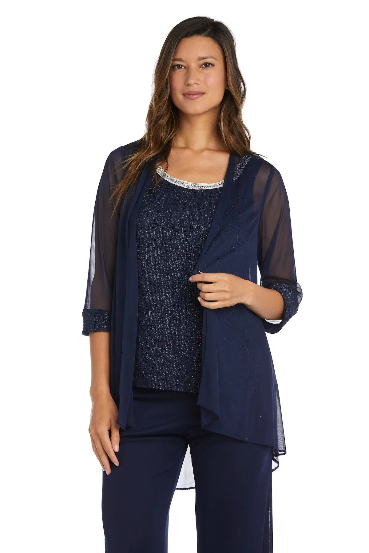 Crinkle Chiffon Three-Piece Pant Set with Beaded Neckline