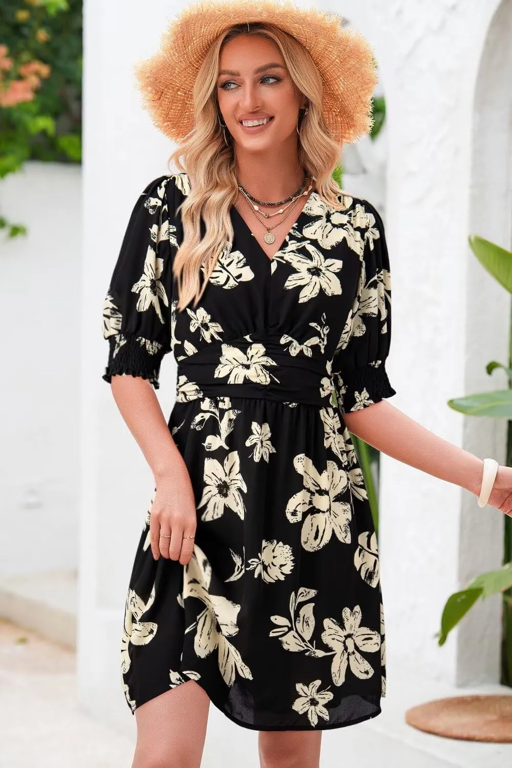 Dokotoo Summer Dresses for Women 2025 Sexy Wrap V Neck Short Puff Sleeve Elegant Floral Smocked Waist Flowy Mini Dress