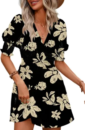 Dokotoo Summer Dresses for Women 2025 Sexy Wrap V Neck Short Puff Sleeve Elegant Floral Smocked Waist Flowy Mini Dress