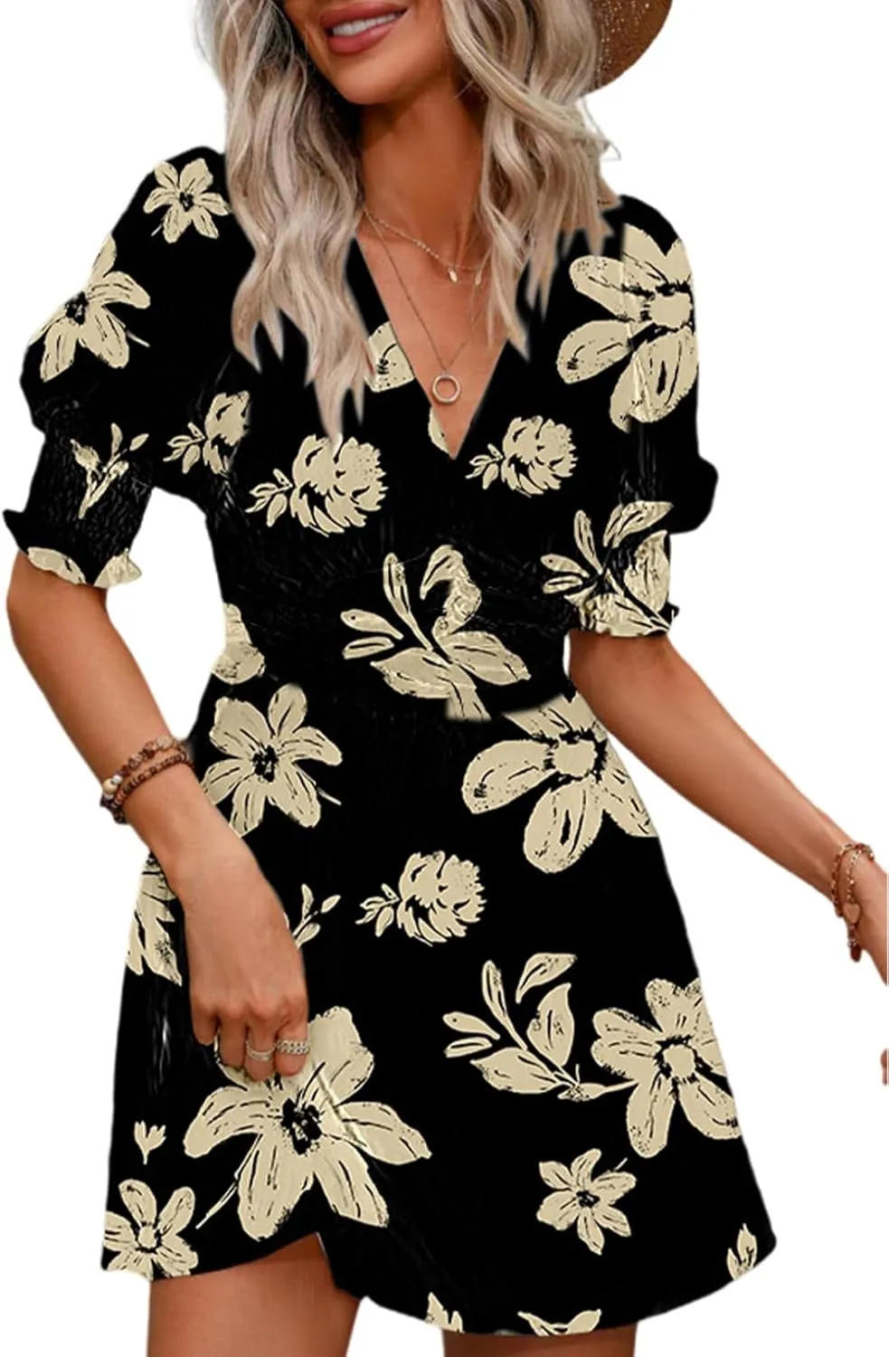 Dokotoo Summer Dresses for Women 2025 Sexy Wrap V Neck Short Puff Sleeve Elegant Floral Smocked Waist Flowy Mini Dress