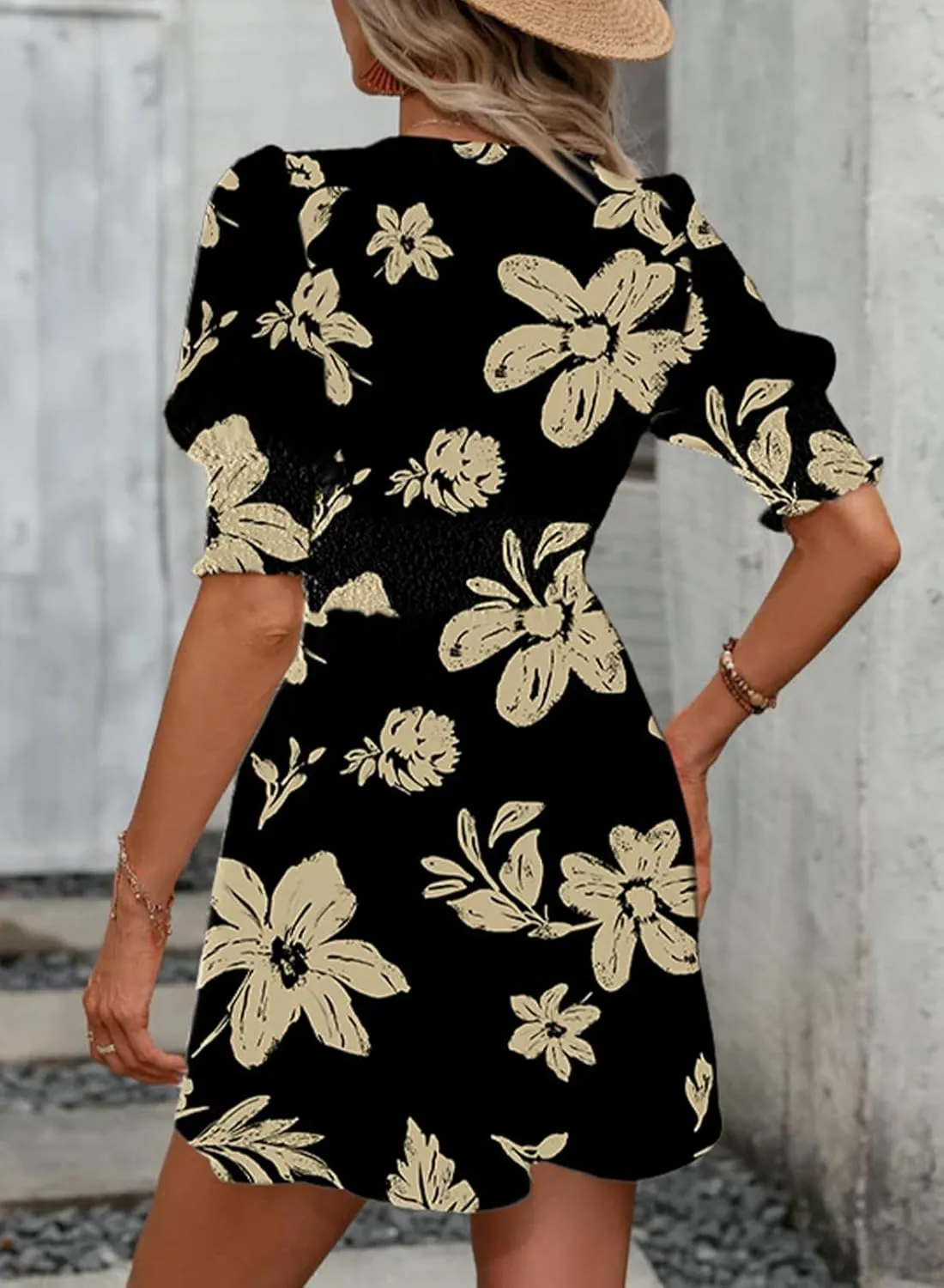 Dokotoo Summer Dresses for Women 2025 Sexy Wrap V Neck Short Puff Sleeve Elegant Floral Smocked Waist Flowy Mini Dress