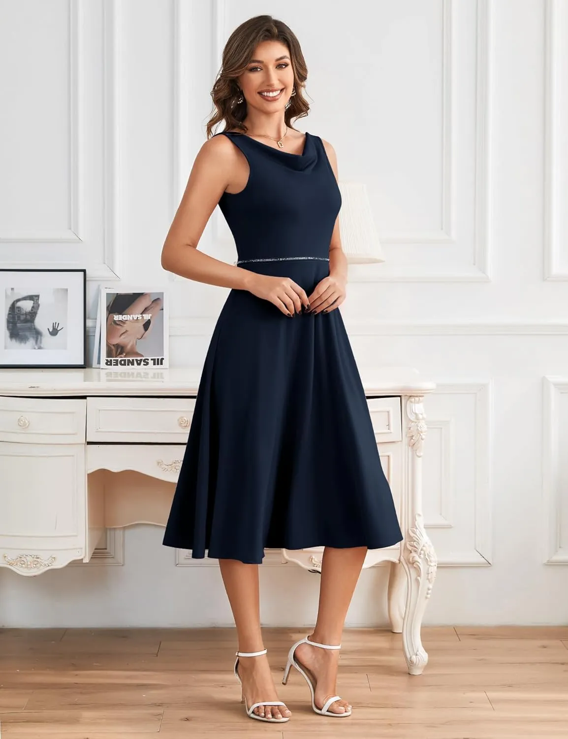 Dressystar Women's Party Dresses Club Cocktail Formal Casual Dress Sleeveless Elegant Cowl Neck A-Line Midi Dress