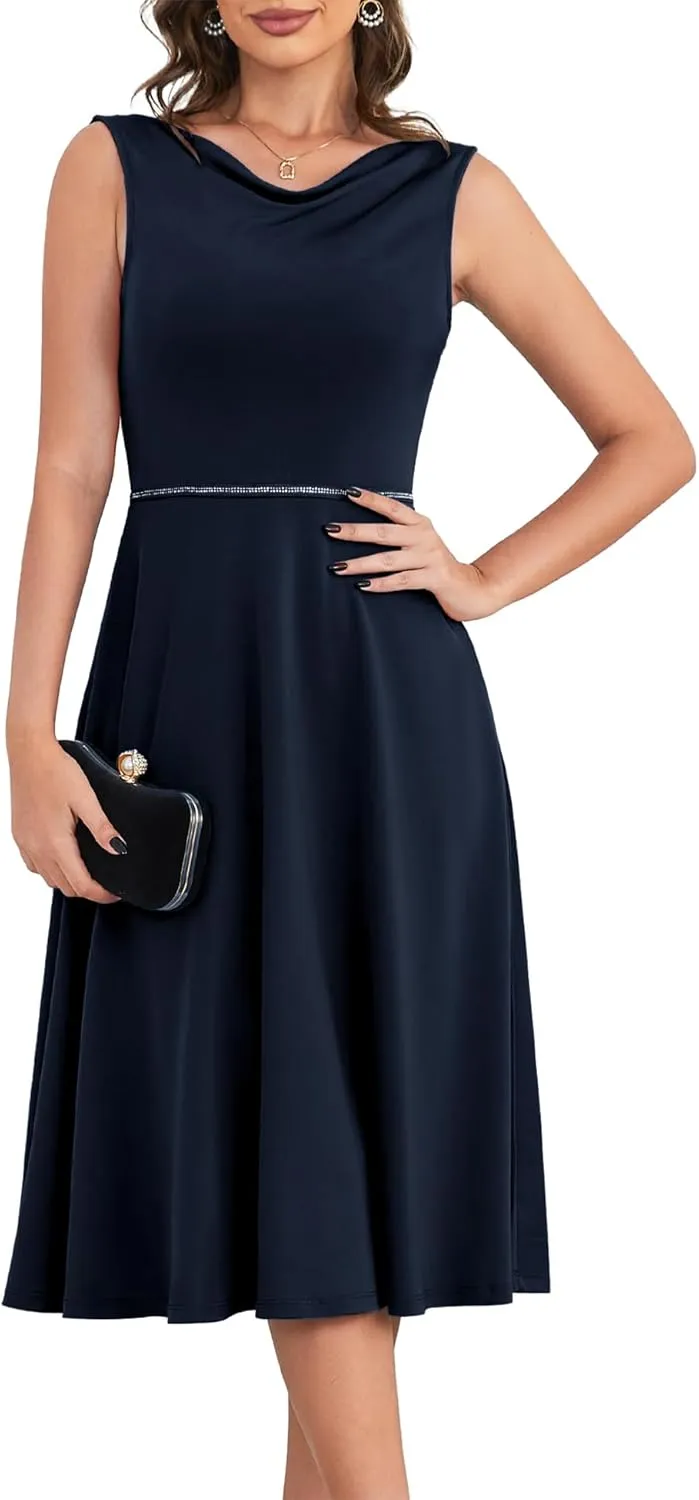 Dressystar Women's Party Dresses Club Cocktail Formal Casual Dress Sleeveless Elegant Cowl Neck A-Line Midi Dress