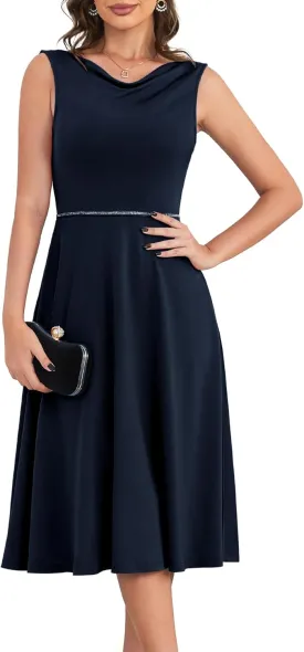 Dressystar Women's Party Dresses Club Cocktail Formal Casual Dress Sleeveless Elegant Cowl Neck A-Line Midi Dress