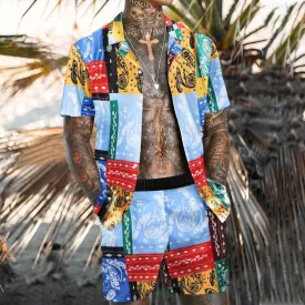 Fashionable and Casual Beach Suit with Color Geometric Print