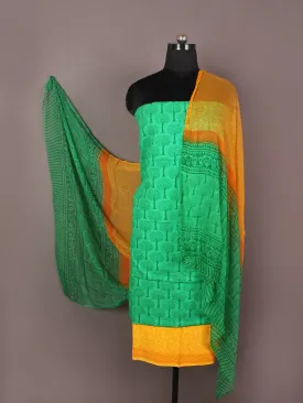Fern Green Yellow Orange Hand Block Printed Cotton Suit-Salwar Fabric With Chiffon Dupatta - S1628170