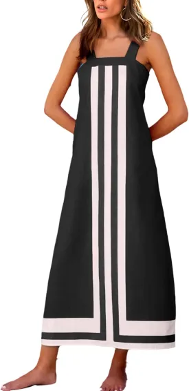 Fiona Jolin Womens Summer Maxi Dress Boho Striped Shoulder Strap Long Sundress Beach Cover Up Dress