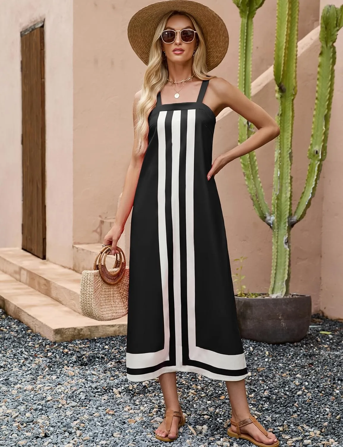 Fiona Jolin Womens Summer Maxi Dress Boho Striped Shoulder Strap Long Sundress Beach Cover Up Dress