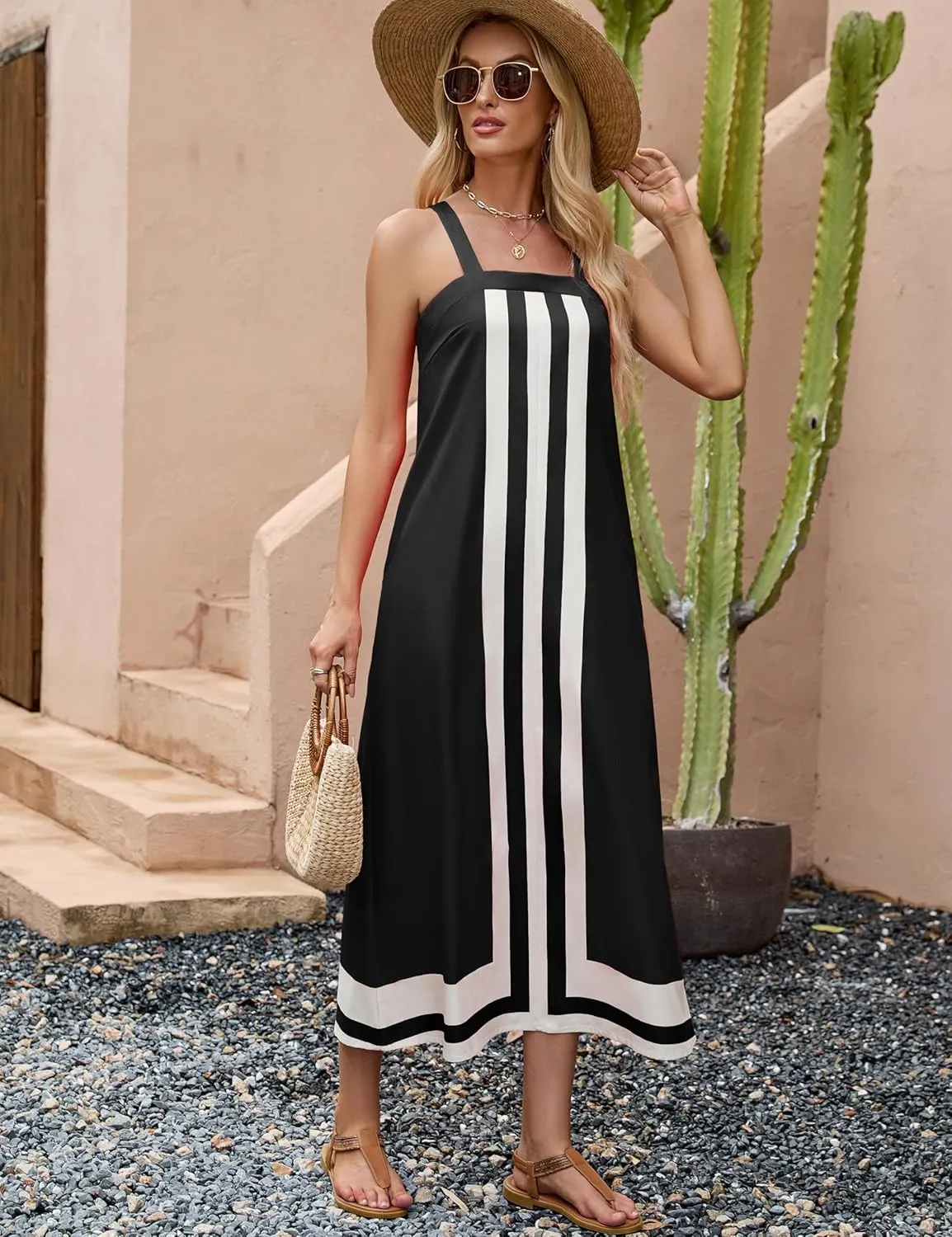 Fiona Jolin Womens Summer Maxi Dress Boho Striped Shoulder Strap Long Sundress Beach Cover Up Dress
