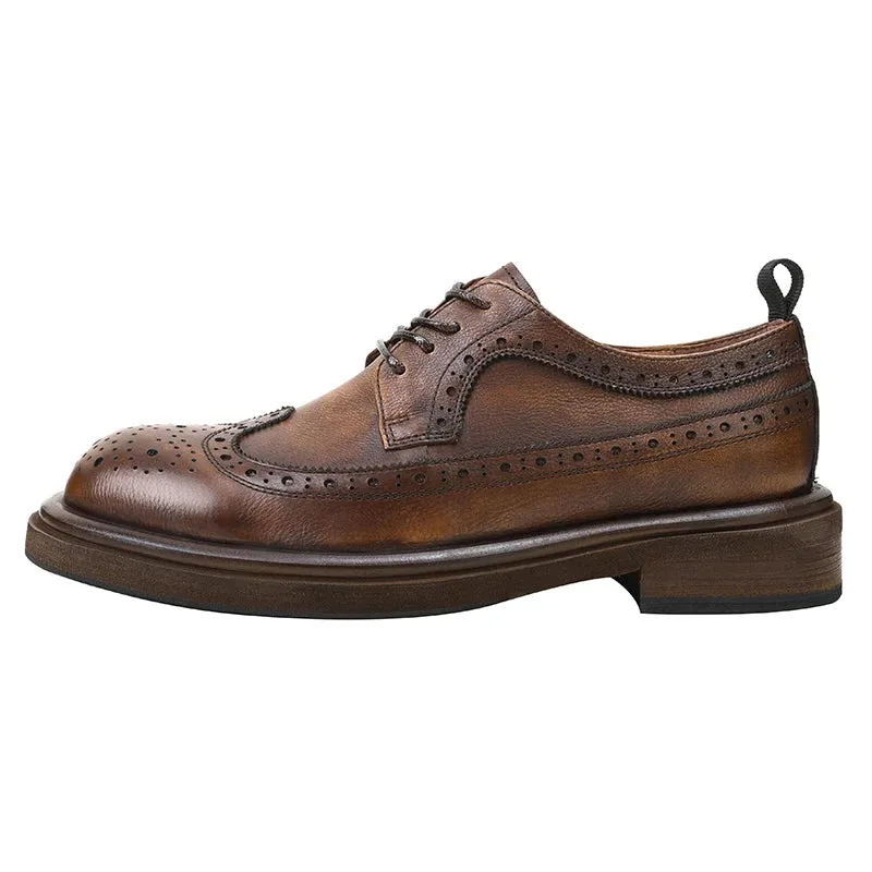 Formal Men's Shoes British Style Round Head Brock Carved Business Casual Leather Shoes Thick Soles Increase Shoes Wedding Shoes
