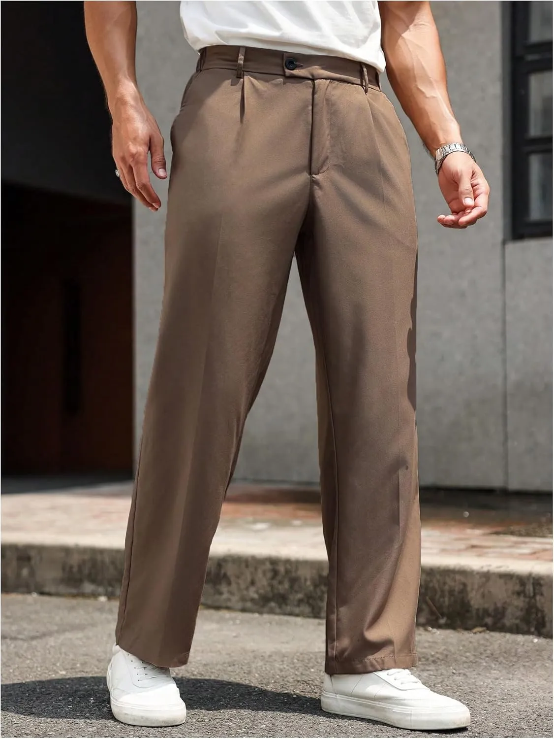 GORGLITTER Men's Zipper Fly Pleated Suit Pants Straight Leg Work Trousers with Pockets