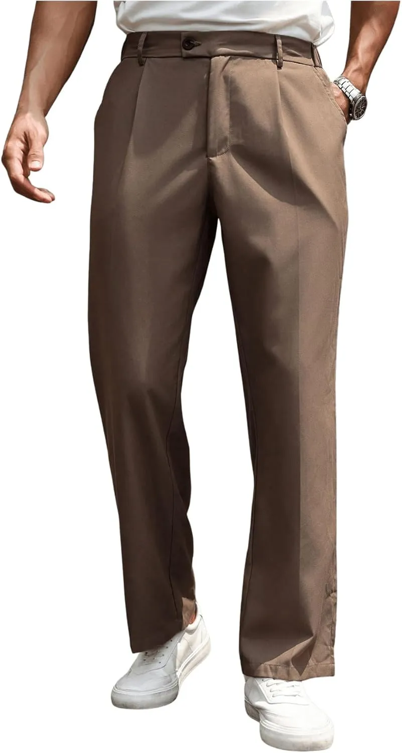GORGLITTER Men's Zipper Fly Pleated Suit Pants Straight Leg Work Trousers with Pockets