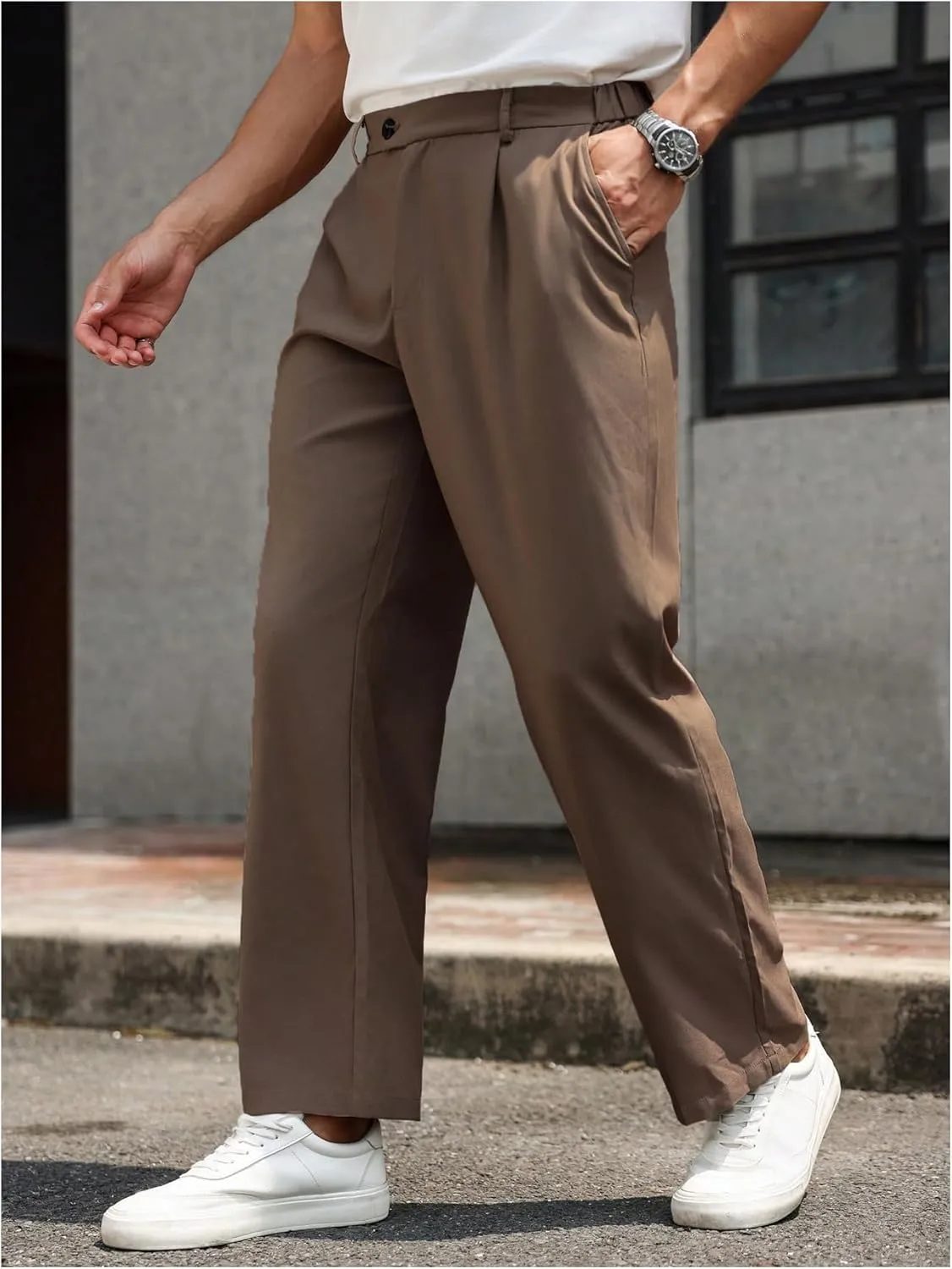 GORGLITTER Men's Zipper Fly Pleated Suit Pants Straight Leg Work Trousers with Pockets