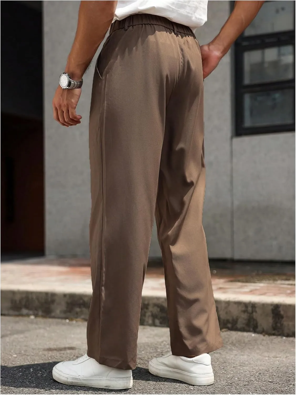 GORGLITTER Men's Zipper Fly Pleated Suit Pants Straight Leg Work Trousers with Pockets
