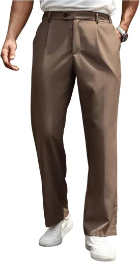 GORGLITTER Men's Zipper Fly Pleated Suit Pants Straight Leg Work Trousers with Pockets