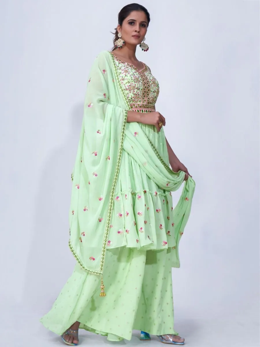 Green Mirror Work Multi Embroidery Chiffon Palazzo Suit
