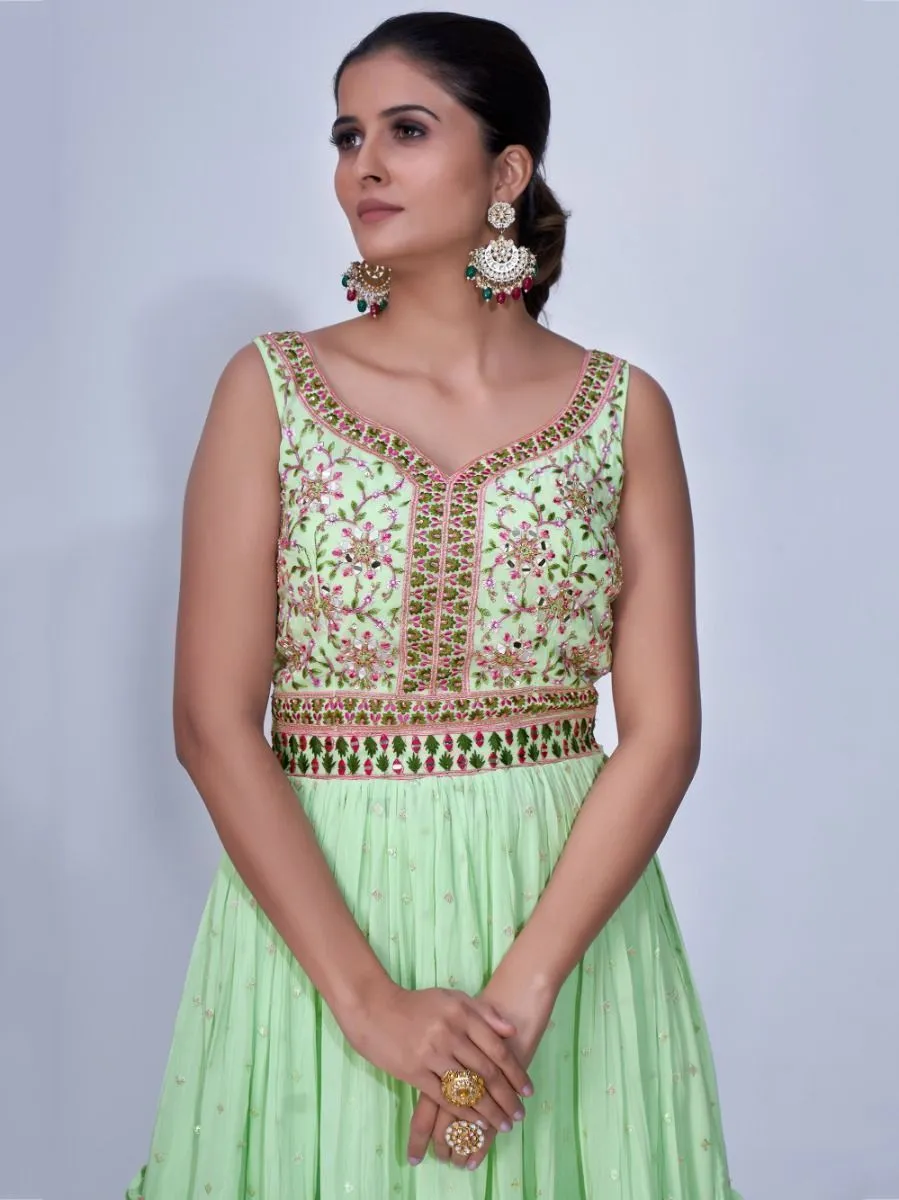 Green Mirror Work Multi Embroidery Chiffon Palazzo Suit