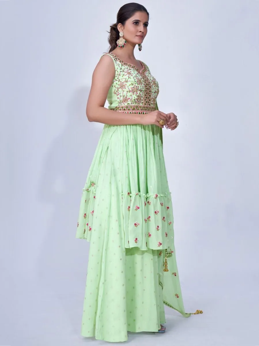 Green Mirror Work Multi Embroidery Chiffon Palazzo Suit